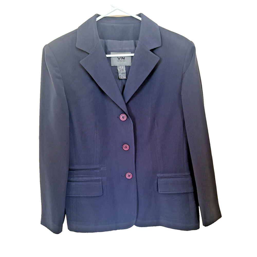 Votre Nom Blazer Womens 4 Navy Lined Long Sleeve Faux Pockets Collared